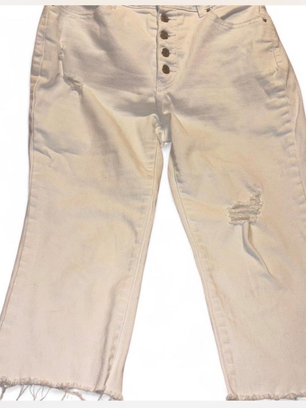 Women’s Distressed Button-Fly White Cropped Jeans